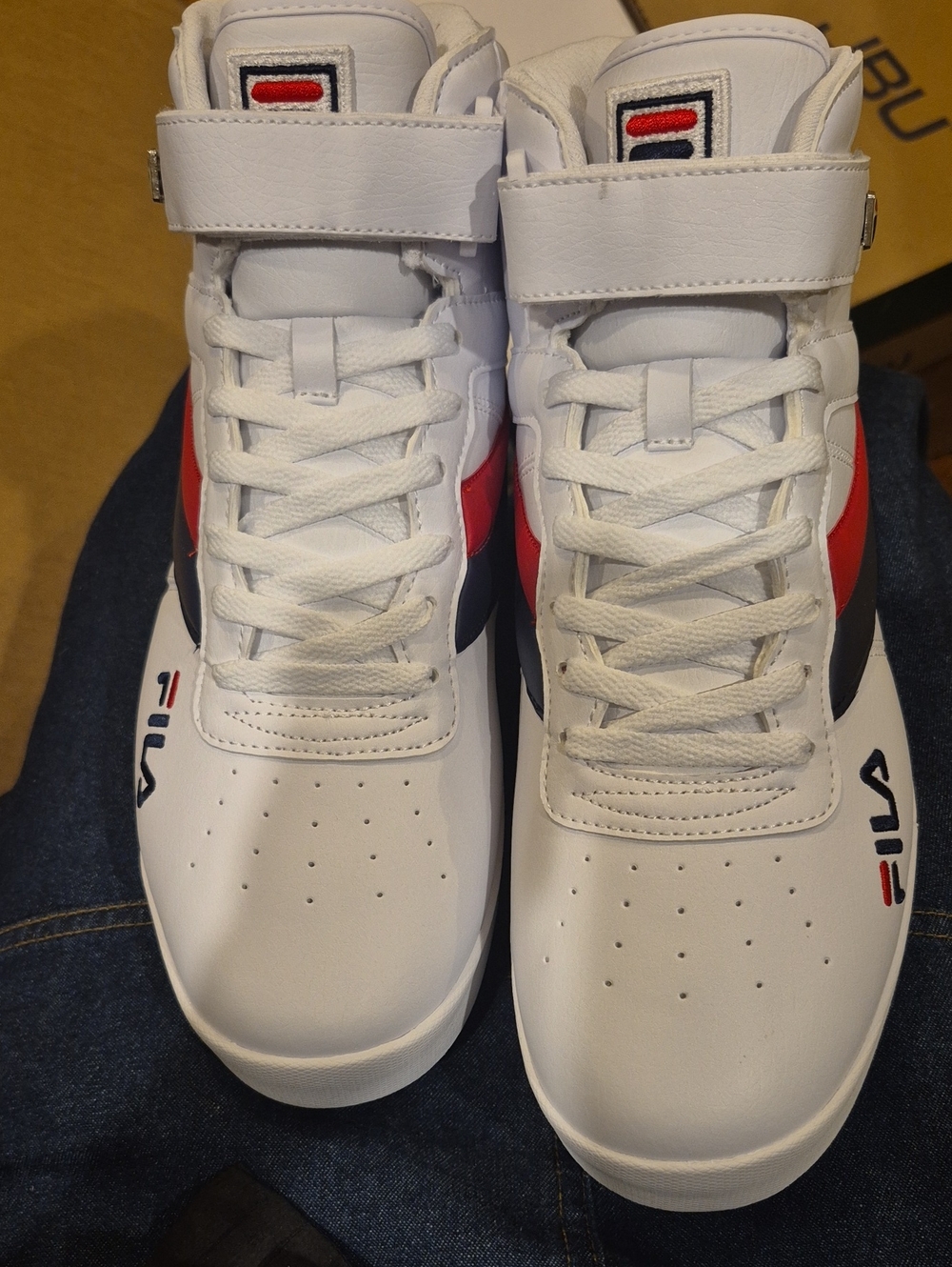 NEW--Fila White High-Top Sneakers with Red & Navy Details